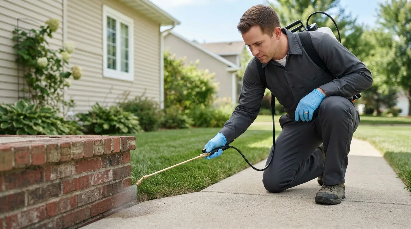 Pest control technician treating a home near Lee, NH