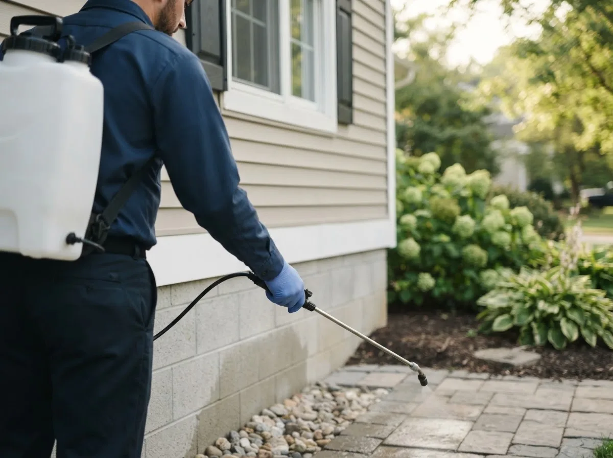 Pest control technician inspecting a home in Lee, NH